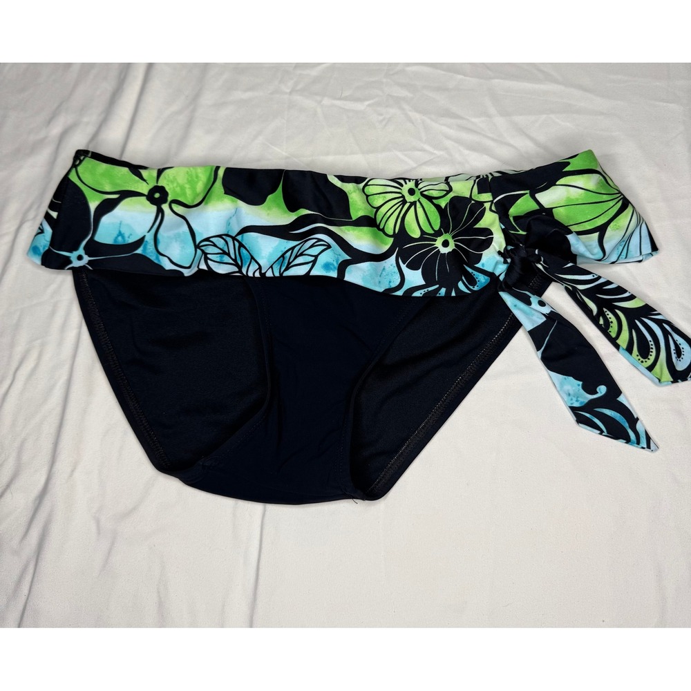 Stella Del Mare Floral Side Tie Bikini Bottoms Black Green Blue Size 10 NEW